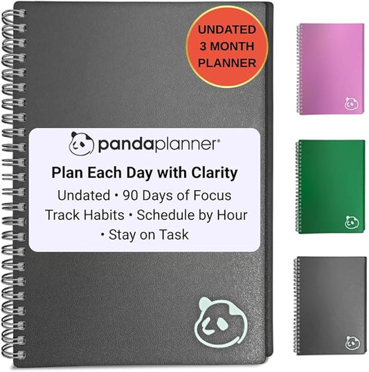 Panda Planner 2025-2026 Undated Daily Planner 5.75" x 8.25" – 90-Day Spiral Academic & Productivity Planner with Hourly Schedule, Habit Tracker, To-Do List & Monthly Calendar – ADHD-Friendly Panda Journal (Gray)