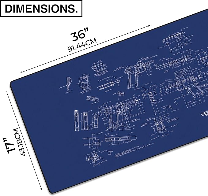 MPCO. Blueprints Large Gaming Desk Pad - 36" x 17" Aeroglyde Fabric Browning 1911 – Black Desk Mats - Non-Slip, Washable, Smooth Glide for Precision Gaming & Work
