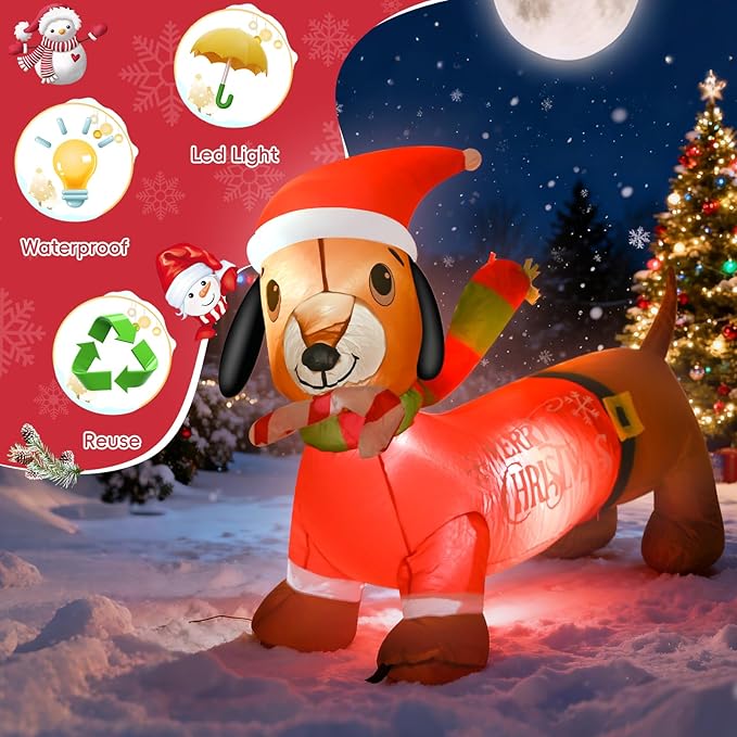4FT Christmas Inflatable Dog Decoration with Built-in LEDs Christmas Sausage Dog Blow up Indoor Outdoor Garden Yard Lawn Party Patio Decor