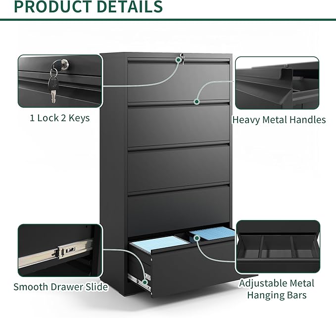 Lateral File Cabinet 5 Drawer, Metal File Cabinets for Home Office Legal/Letter A4 Size, Filing Cabinet with 5 Lock, Require Assembly, Black