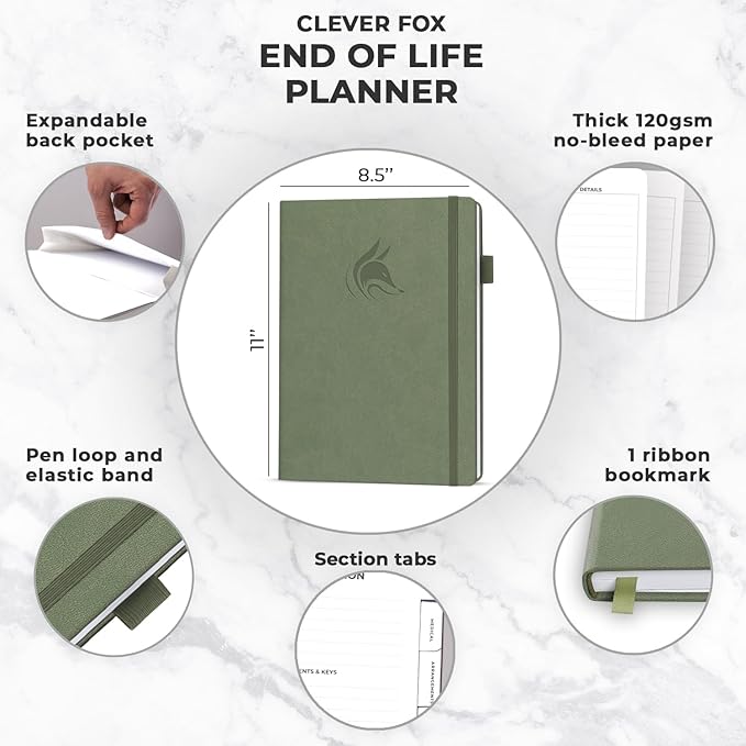 Clever Fox Large End of Life Planner – Guided Final Arrangements Organizer Notebook for Instructions, Beneficiary Info, Will Preparation, Last Wishes & Funeral Planning – 8.5" x 11" (Cypress)