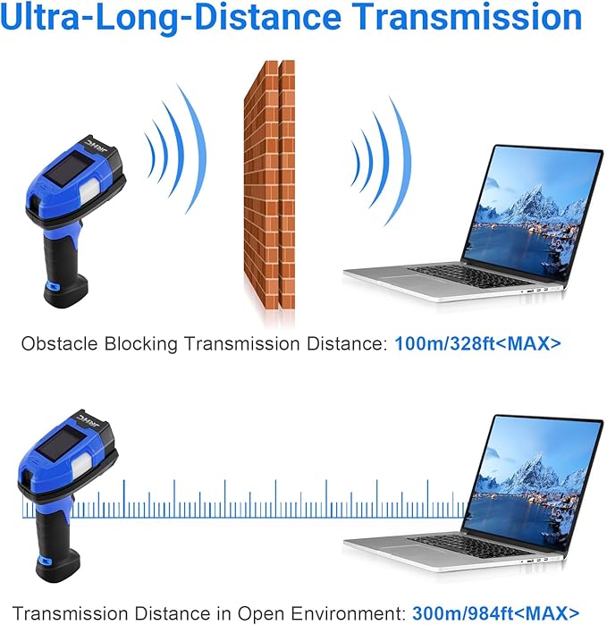 Barcode Scanner Industrial, Wireless 1D Laser Bar Code Scanners 2 in 1 Plug and Play Rugged Heavy Duty & IP65 Waterproof, Long-Distance Wireless Handheld Barcode Reader with 1.8" Screen