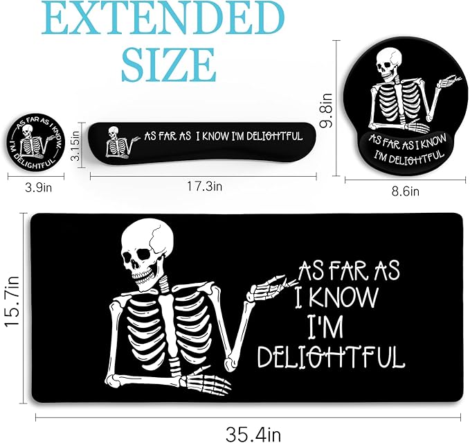 Ergonomic Mouse Pad with Wrist Rest Desk Mat Set, Skeleton Gaming Mouse Pads, Keyboard Mat Wrist Rest Cup Coaster, Funny Office Desk Accessories