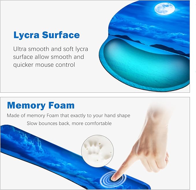 ARTSO Large Mouse Pad Set, Ergonomic Keyboard Wrist Rest Support, Memory Foam Gel Extended Non-Slip Desk Blotter Pad for Office, Home, Moon Blue Sea