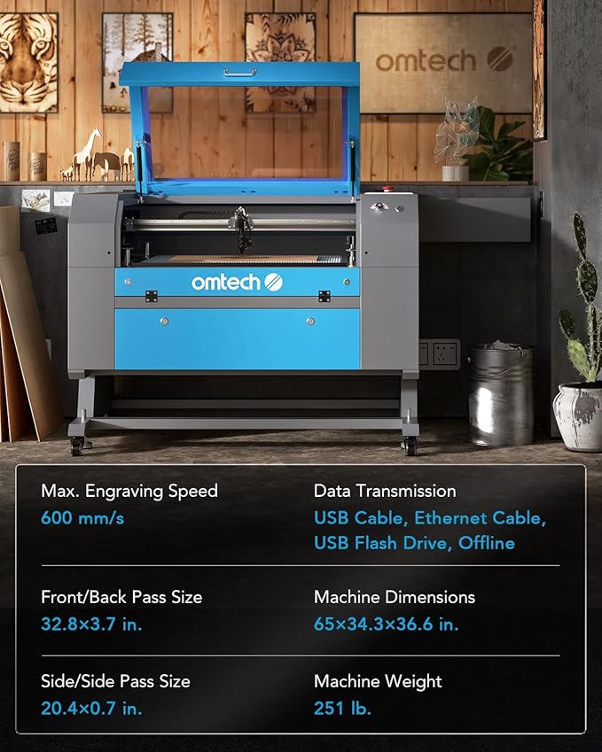 OMTech 100W CO2 Laser Engraver with LightBurn & Water Chiller, 20"x28" Laser Engraving Cutting Machine with 4 Way Pass Through Air Assist Wheels, Industrial Laser Cutter