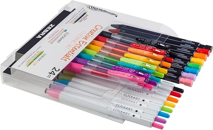 Zebra Pen Creative Essentials Clicking Set 24-Pack, Includes 8 ClickArt Markers, 8 Colored Pencils and 8 Sarasa Clip Retractable Gel Pens, Assorted Ink Colors (76124)