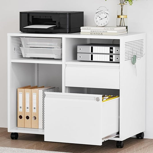 SISESOL 2 Right Drawers File Cabinet with Lock, Mobile Lateral Filing Cabinet for Legal/Letter A4 Size, Metal File Organizer Storage Cabinet with Open Storage Shelves for Home Office (White)