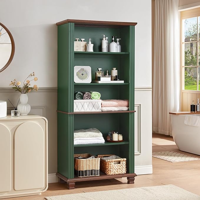 70" Tall Green Bookshelf,5 Tier Wooden Book Shelf with Adjustable Shelves & Wood Legs,Free Standing Farmhouse Bookcase with Open Display Storage,Vintage Bookshelves for Library,Classroom