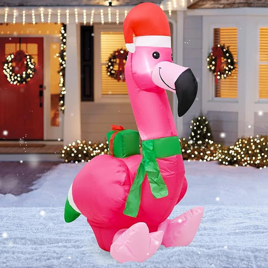 4FT Christmas Inflatable Flamingo Blow up Christmas Decoration Built-in LEDs Indoor Outdoor Yard Graden Party Holiday Decor