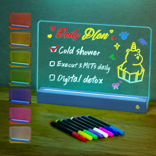 LED Note Board with 8 Colors，Acrylic Dry Erase Board with Light, Clear Monthly/Weekly Calendar, Led Drawing Board for Kids with Stand, 8 Markers, Adapter, Soft Cloth, Holiday Trend Gift (Blue)