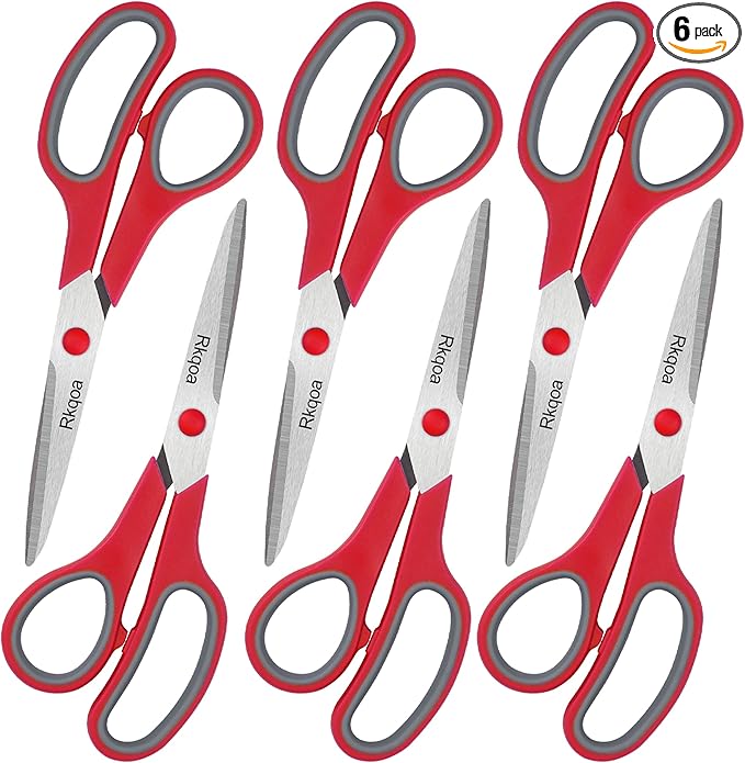 Red Scissors Bulk, Rkqoa 8" All Purpose Scissors Pack of 6- High Performance and Designed for Comfort and Cutting - Sharp to Cut but Soft to Hold. Perfect for Art, Crafts and the Office