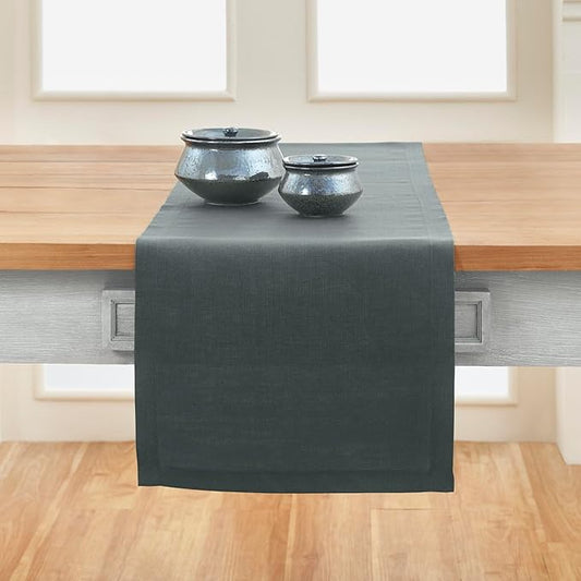 Solino Home Linen Table Runner 120 Inches Long - 100% Pure Linen Dark Grey Dining Table Runner 14 x 120 Inch for Fall, Autumn, Winter, Thanksgiving - Fete
