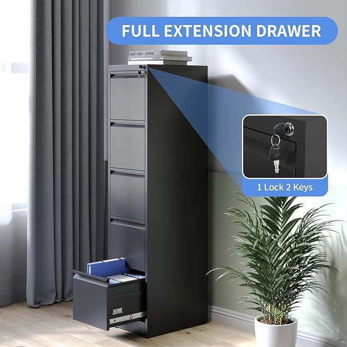 5 Drawer File Cabinet with Lock, Vertical File Cabinet with Lock, Locking File Cabinet Hanging Files for A4/ Legal/Letter, Require Assembly, Black