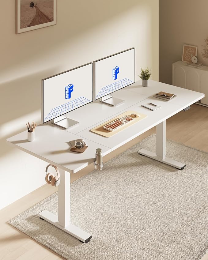FLEXISPOT 63 x 32 Inch Large Standing Desk, Stand Up Desk with Splice Board, Rising Desks for Home Office, Office Desk with Cup Holder and Headphone Hook (White Frame + White Top, 2 Packages)