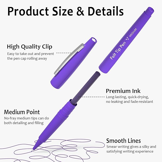 Lelix Felt Tip Pens - 60 Purple Pens, 0.7mm Medium Point, Perfect for Journaling, Writing, Note Taking, Planner, Art, Office & School Supplies