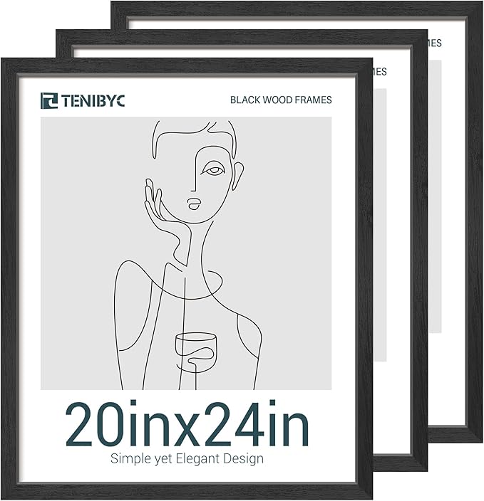 20x24 Picture Frames Set - 3 Pack - Black Solid Wood Poster Frame - Exclusive Woodgrain - Rooms, Offices, Gallery, Studio, and Hallway, Wall Display Decor