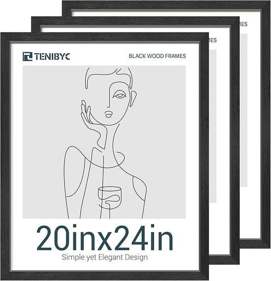 20x24 Picture Frames Set - 3 Pack - Black Solid Wood Poster Frame - Exclusive Woodgrain - Rooms, Offices, Gallery, Studio, and Hallway, Wall Display Decor