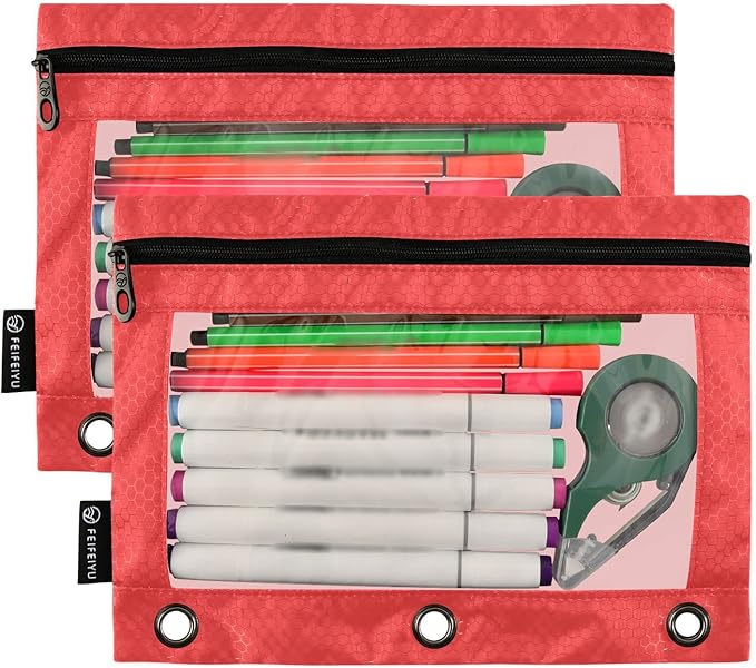 Gredecor Binder Pencil Pouch 3 Ring Red Zipper Pencil Pouches Case 2 Pack Clear Window Binder Organizer for School Office