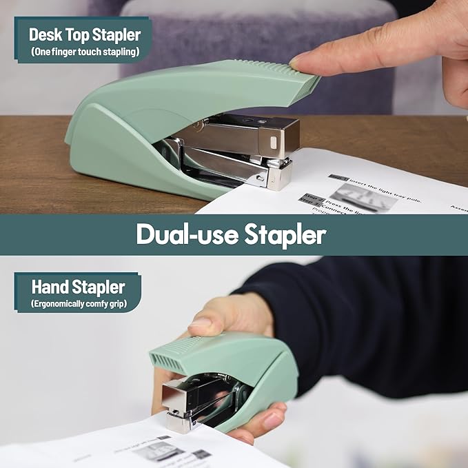 AFMAT Effortless Stapler for Desk, 50 Sheet Capacity, Low Force, Built-in Staple Remover, One Finger Touch Stapling Desktop Stapler, Portable & Space Save Size, Good for Home & Office, Green