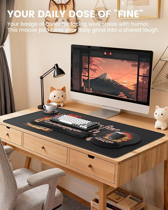 HAOCOO Memory Foam Ergonomic Keyboard Wrist Rest with Mouse Pad Wrist Support, Stitched Edges Large Gaming Desk Mat with Coaster 4-in-1 Set, Non-Slip Base Desk Protector Mat for Office Supplies
