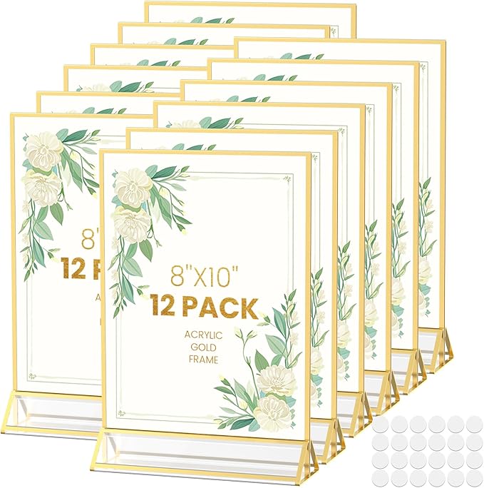 8X10 Acrylic Sign Holder Double-Sided Gold Picture Frames for Menu Holder Wedding Table Number Holder Christmas Photo Frames with Clear Sticky Dots -12 Pack