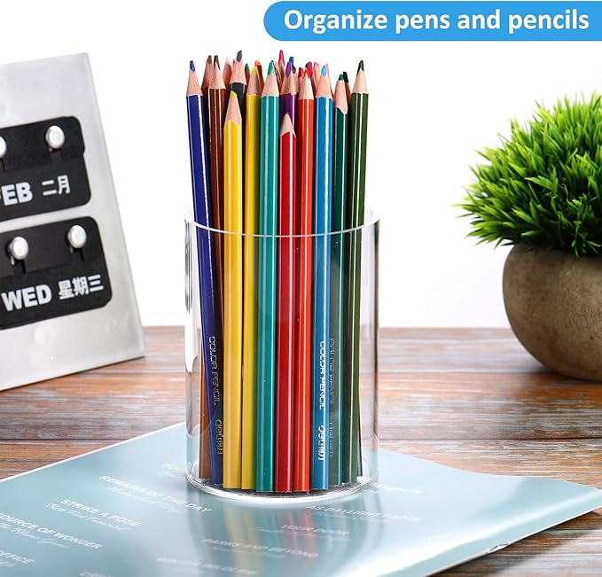 Epakh 6 Pack Clear Pen Holder Acrylic Pencil Cup Back to School Gifts Round Clear Makeup Brush Holder Acrylic Make up Brush Storage Organizer Desktop Pencil Cup for Home Office Supplies