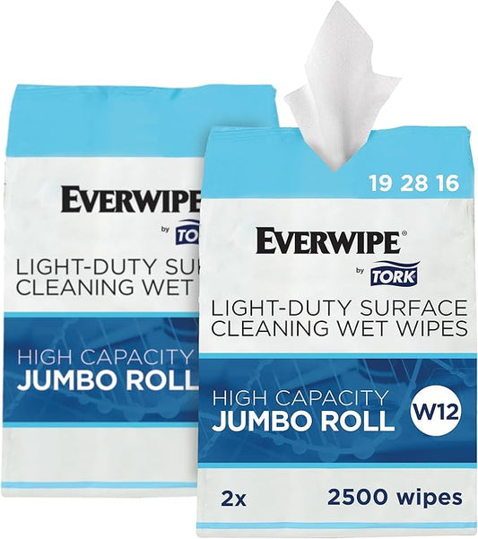 Everwipe by Tork Light-Duty Surface Cleaning Wet Wipe Jumbo Rolls White W12, Cleans and Deodorizes, 2 x 2500 wipes, 192816