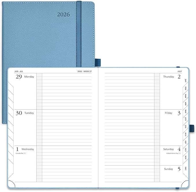 POPRUN Weekly Planner 2026 Calendar (Medium 6.75" x 8.75") 12 Months Notebook with Horizontal Layout, Leather Hardcover, Inner Pocket, 100GSM Thick Paper, Pen Holder - Aquamarine