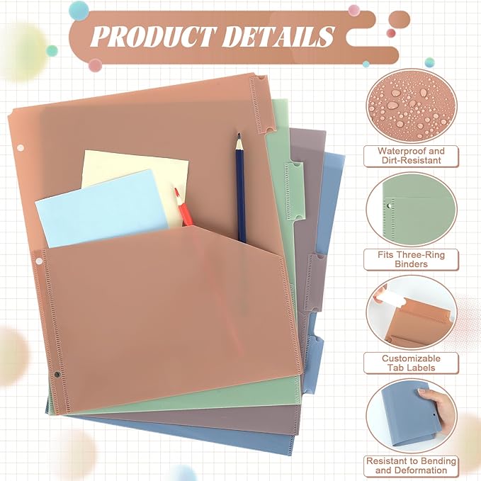 32 Pcs/4 Sets 8 Tab Binder Dividers with Pockets Plastic Tabs Dividers for 3 Ring Binder with Pockets Colorful Sturdy Subject Notebook Divider for Office School Home Business Organizer (Boho)