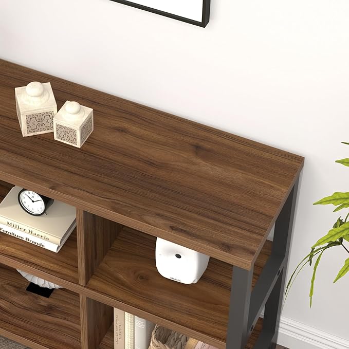 FOLUBAN 6 Cube Storage Organizer Bookshelf, Industrial Horizontal Low Cubby Bookcase for Living Room Bedroom (Rustic Walnut, 47 Inch)