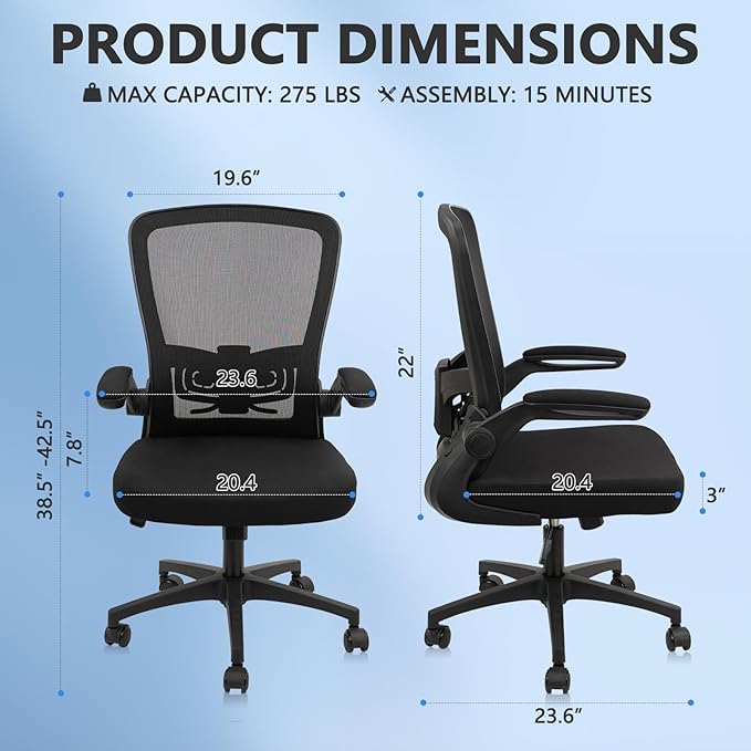 Office Desk Chairs with Wheels, Ergonomic Mesh Chair with Adjustable Height Lumbar Support, Rolling Swivel Computer Task Chair with Flip Up Armrests for Home, Study, Conference, Black