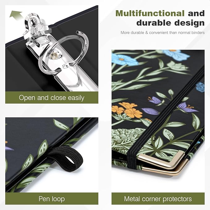 Ospelelf Mini Binder 3 Ring 1 Inch, Floral Round Ring Clipboard Binder with 5 Tab Dividers, File Folder Labels, for School and Office Supplies