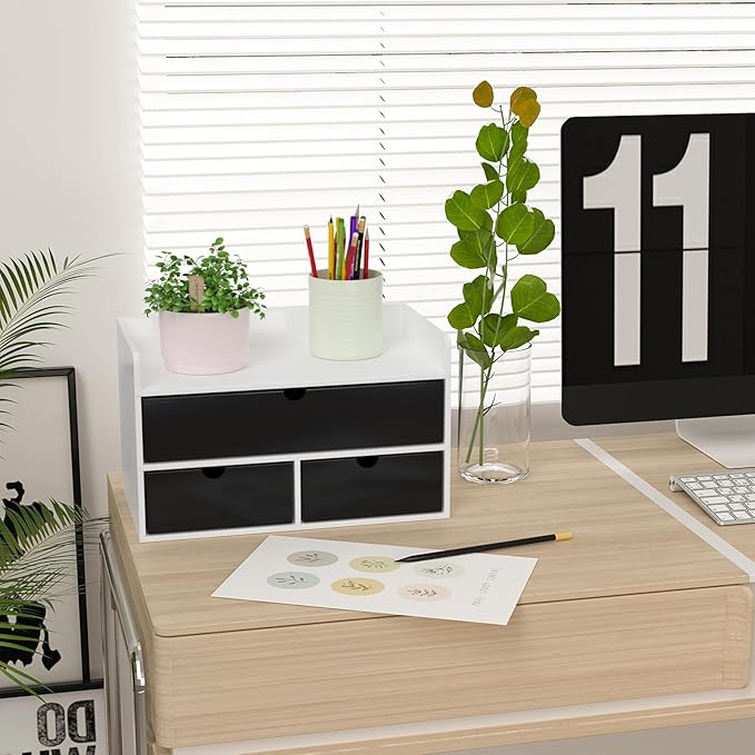 Wisuce Desk Organizer with Drawers - White-Black Bamboo Desktop Organizer Storage | Wood Desk Drawers Organizer for Bills, Office Supplies, Cosmetics, Seals No Assembled