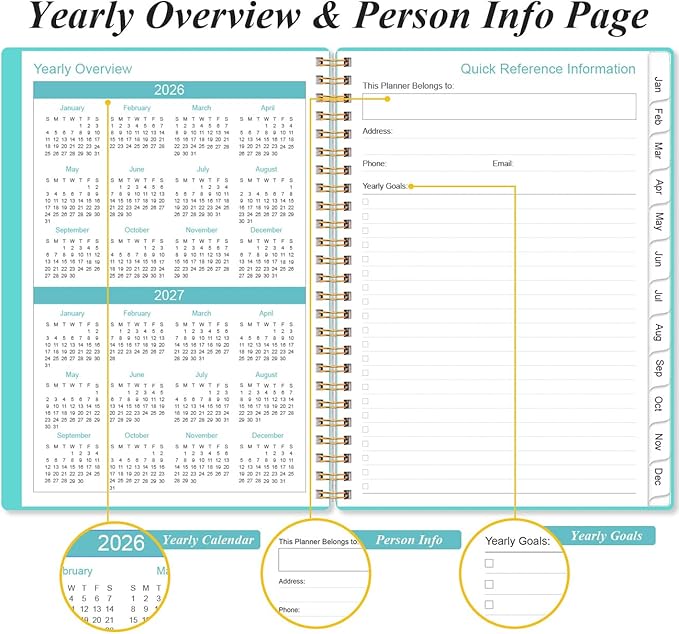2026 Planner - Weekly and Monthly Calendar Planner from Jan 2026 - Dec 2026, Planner 2026 Spiral Bound with 12 Monthly Tabs, Inner Pocket, Perfect for School Office Supplies, 6.4" x 8.5", Teal