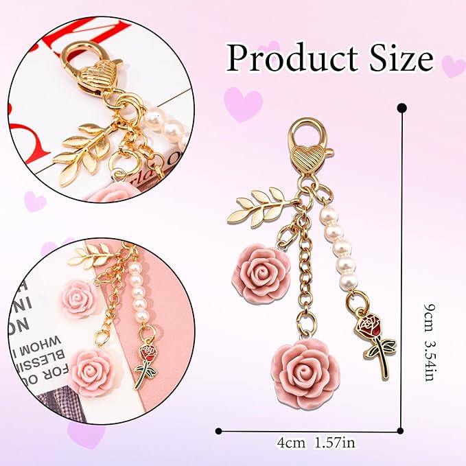 Rose Purse Charms Cute Flower Keychain With Heart Sticker Charm Chain For Kindle Colorful Bag Charms For Handbags