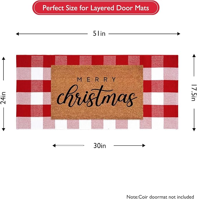 KIMODE Christmas Buffalo Plaid Outdoor Rug 24"x51", Red and White Porch Rug, Washable Reversible Outdoor Christmas Decor, Farmhouse Door Mats Outside for Front Porch Entryway Kitchen Bedroom
