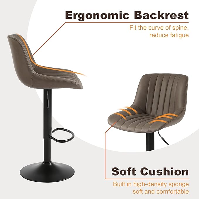 Bar Stools Set of 3, Swivel Counter Height Barstools with Back, Adjustable PU Leather Bar Chairs, Modern Armless Kitchen Island Stool, Brown