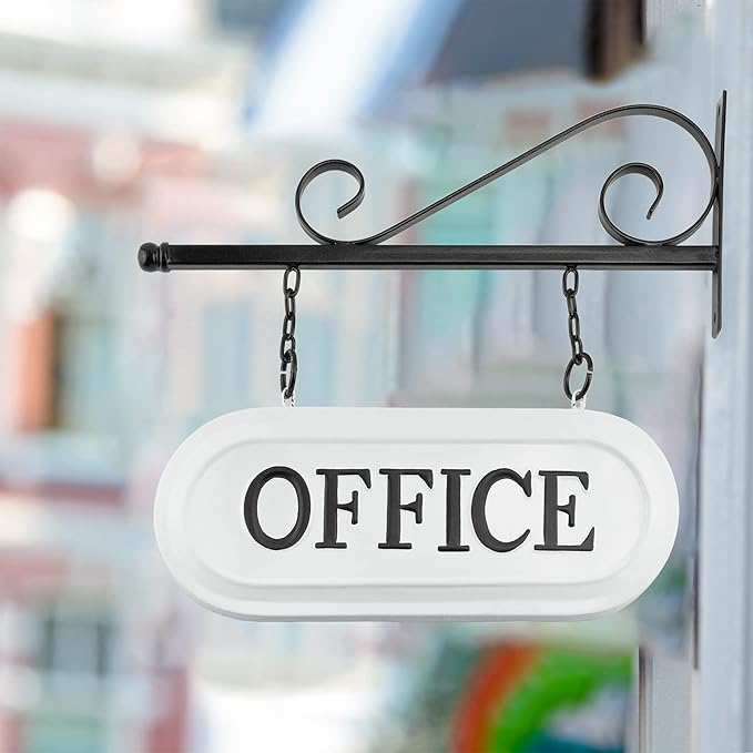 AuldHome Design Wall-Mounted Metal Office Sign, Farmhouse Enamelware 2-Sided Reception/Office Sign