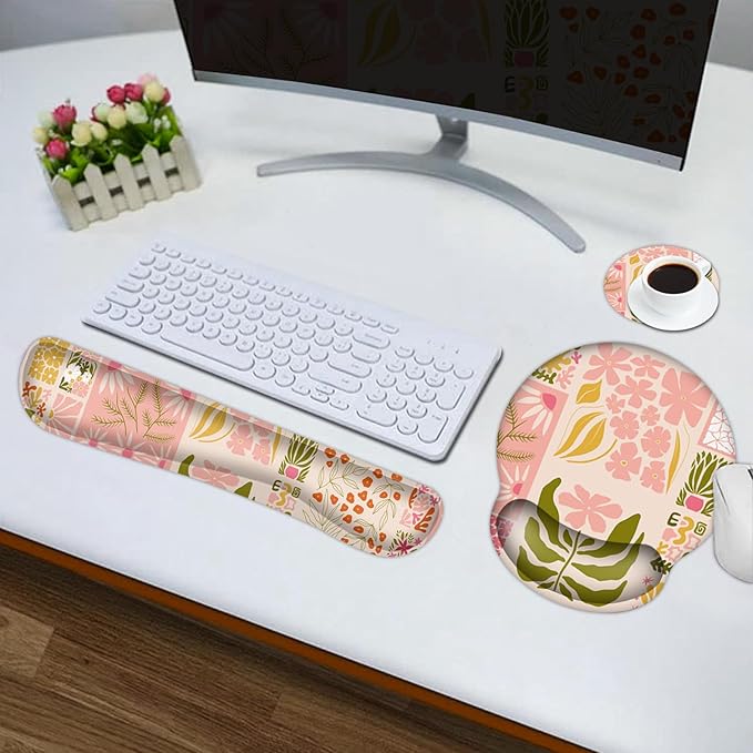 DINKY Desk Mat Mouse Pad, XXL Large Gaming Mouse Pad with Wrist Rest Wrist Support, Ergonomic Mouse Pads, Keyboard Wrist Rest, Desk Accessories Decor, Checkered Flower Plant
