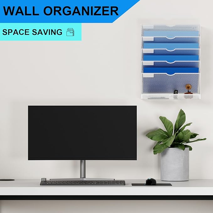Hanging Wall File Organizer 6 Tier Wall Mounted File Holder Document Wall Organizer Magazine Organization for Office Home, White