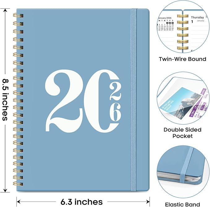 2026 Planner, Weekly and Monthly Calender Planner, Jan 2026 to Dec 2026, Hardcover 2026 Calendar Planner Book with Tabs & Inner Pocket, Office Home School Supplies for Women & Men - A5 (6.3" x 8.5"), Blue
