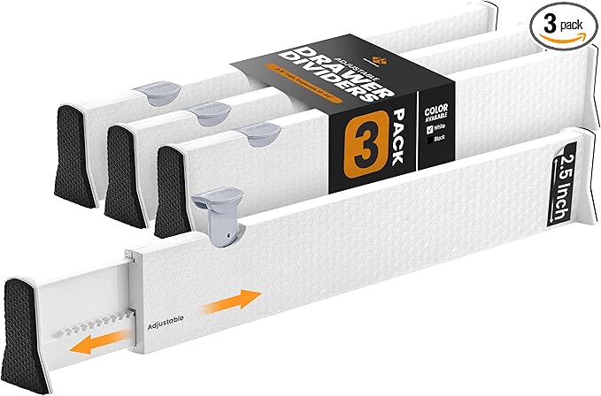 RAPTUROUS Adjustable Drawer Dividers, 2.5" Tall, Expandable 13-22", 3-Pack, Non-Slip for Dresser, Closet, Kitchen, Nursery, and Office (White)