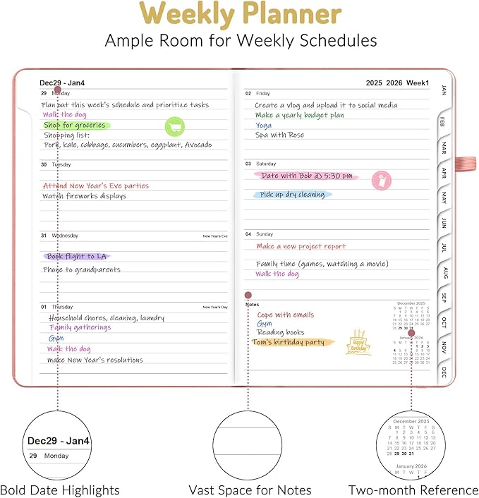 Forvencer 2026 Planner, Weekly Monthly Planners with Month Tabs, 12 Months (Jan 2026 - Dec 2026), A5(5.8"×8.3"), Daily Academic Calendar with Elastic Band, Small Hardcover Agenda, for Teacher, School