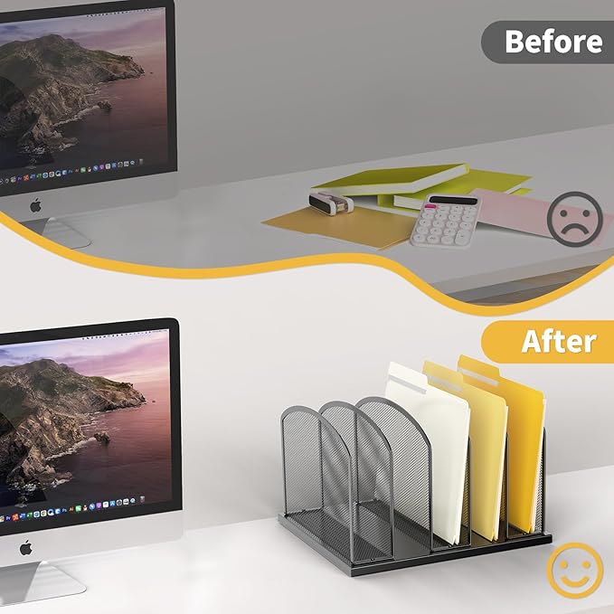 Large Size Desk File Organizer, Metal Mesh Vertical Desktop File Holder, 5-Section file organizer for Desk Home Office (1 Pack), Black