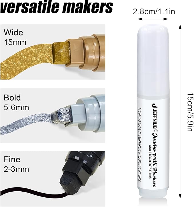 Paint Markers White/Black/Gold/Silver, 4Pcs Jumbo Acrylic Paint Markers Fat Wide Nibs 15mm, Acrylic Paint Pens for Stone, Metal, Wood, Glass, Canvas, Posters Supplies