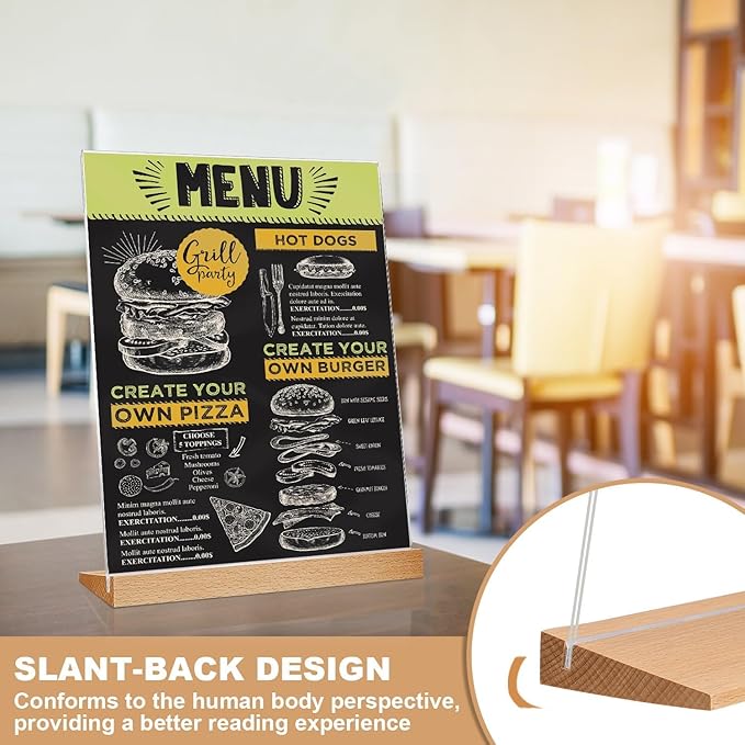 EHWINE 8.5 x 11 Acrylic Sign Holder, 6 Pack L Shape Frames With Wood Base, Clear Table Flyer Menu Stand for Office Business Store, Brown and Wood Color Base
