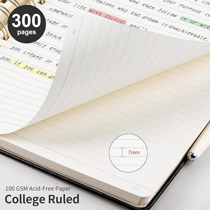 EMSHOI Spiral Notebook College Ruled, 300 Numbered Pages, A4 Large Hardcover Leather, 100 GSM Thick Lined Journal for Women Men Work Writing Journaling Note Taking, 8.27" x 11.2", Black