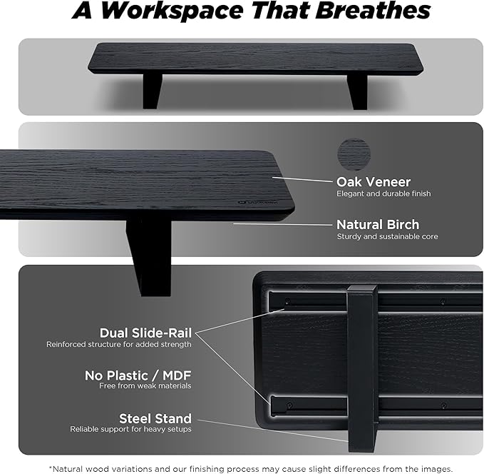 Moodular Wooden Monitor Stand 33.4” (85cm) Desk Organizer with Metal Slide Rails for Drawer, Tray, Laptop, Tablet, Phone & Headphones Customizable Riser for Organized Workspace Black MS85-B