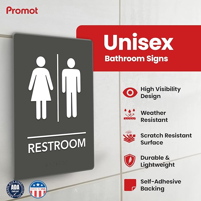 Promot Unisex Bathroom Sign – ADA Braille Restroom Sign for Business, Self-Adhesive, 9" x 6", Commercial Door Signage, Office Wall Decor - Gray