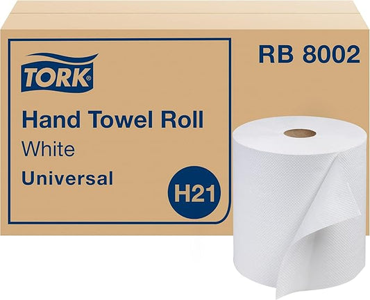 Tork Universal Hand Towel Roll White, Compatible with H21 Dispensers, 100% Recycled Fiber 6 Rolls x 800 Ft (RB8002)